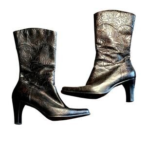Antonio Melani Tooled Embossed Leather Side Zip Heel Calf Western Boots Size 7
